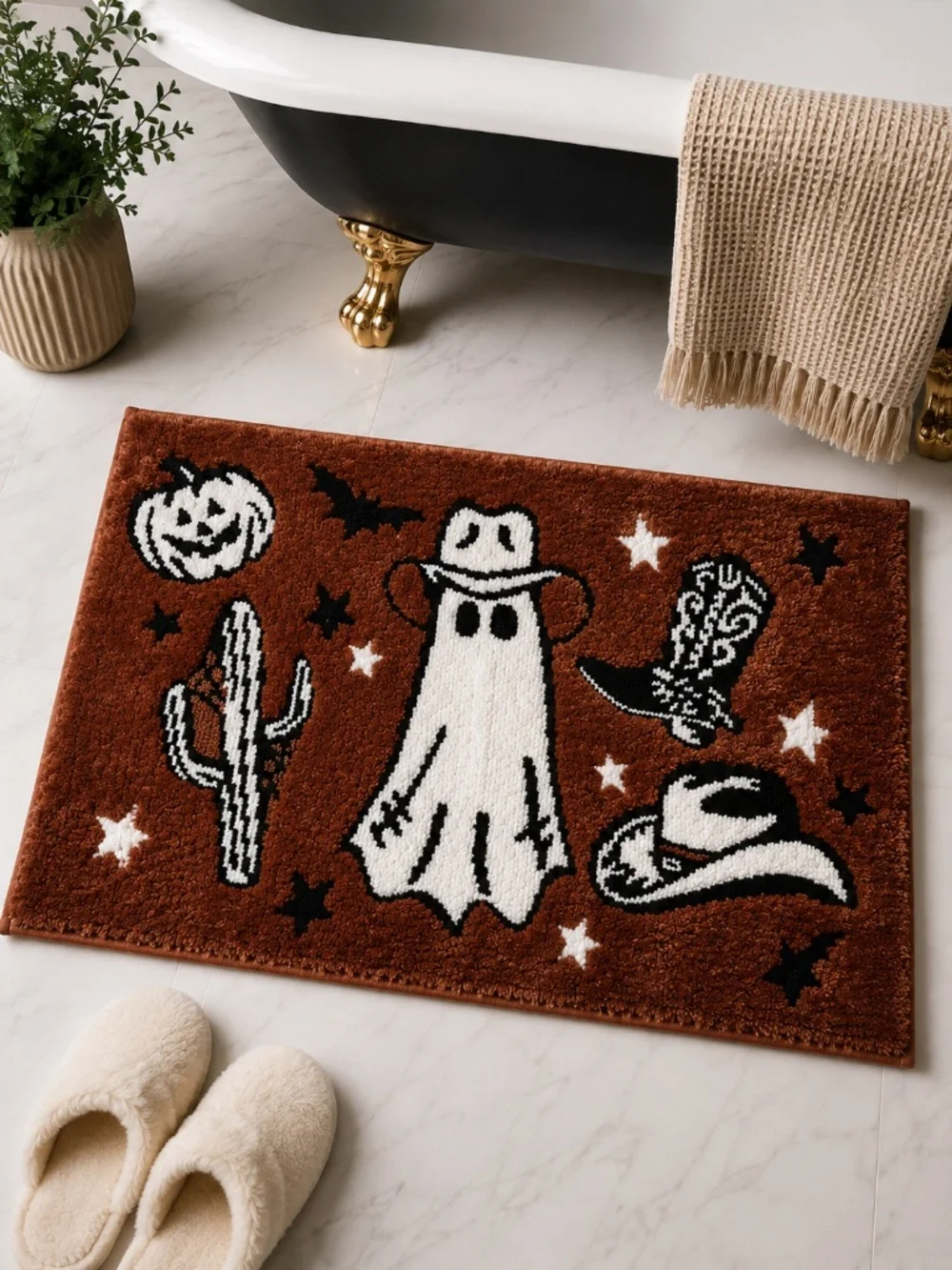Wrangler Western Halloween Bath Rug 20x32 Cowboy Ghost Pumpkin Brown Washable